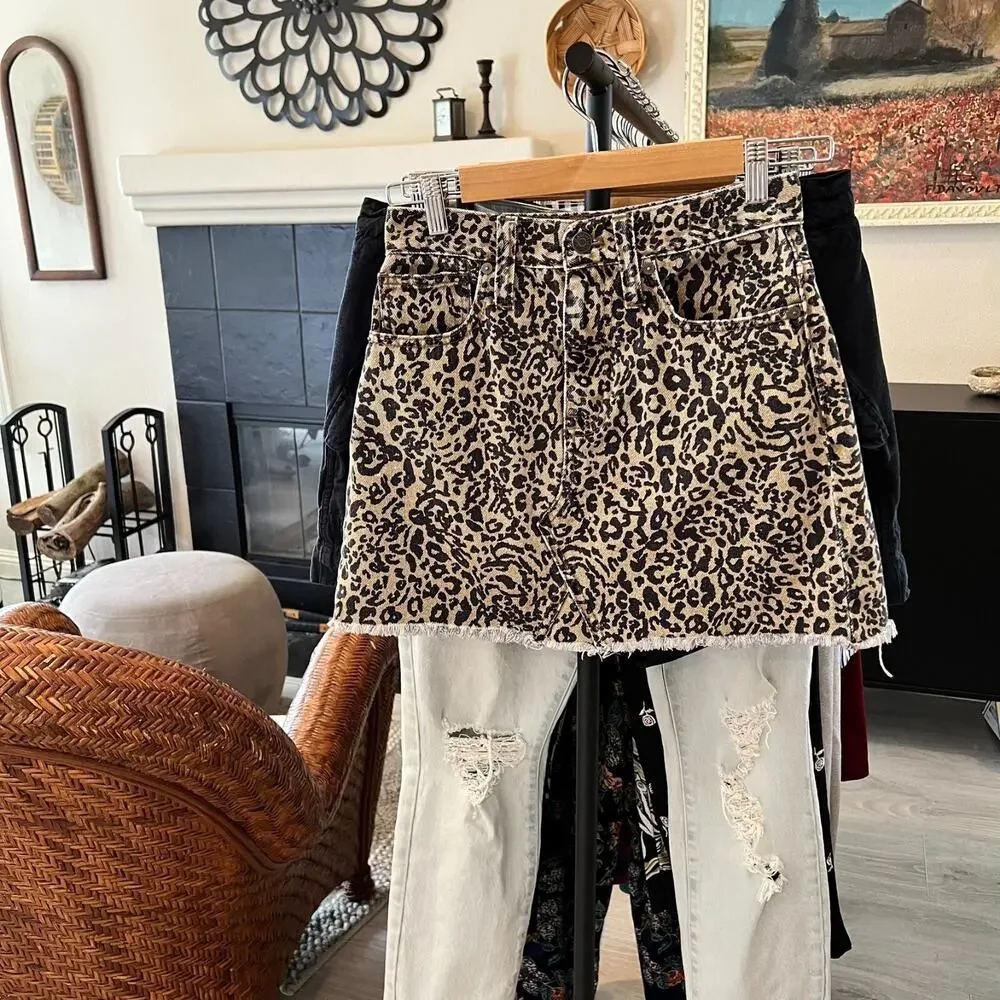 Madewell Skirt Womens Size 25 Rigid Denim A Line Leopard Mini 100% Cotton